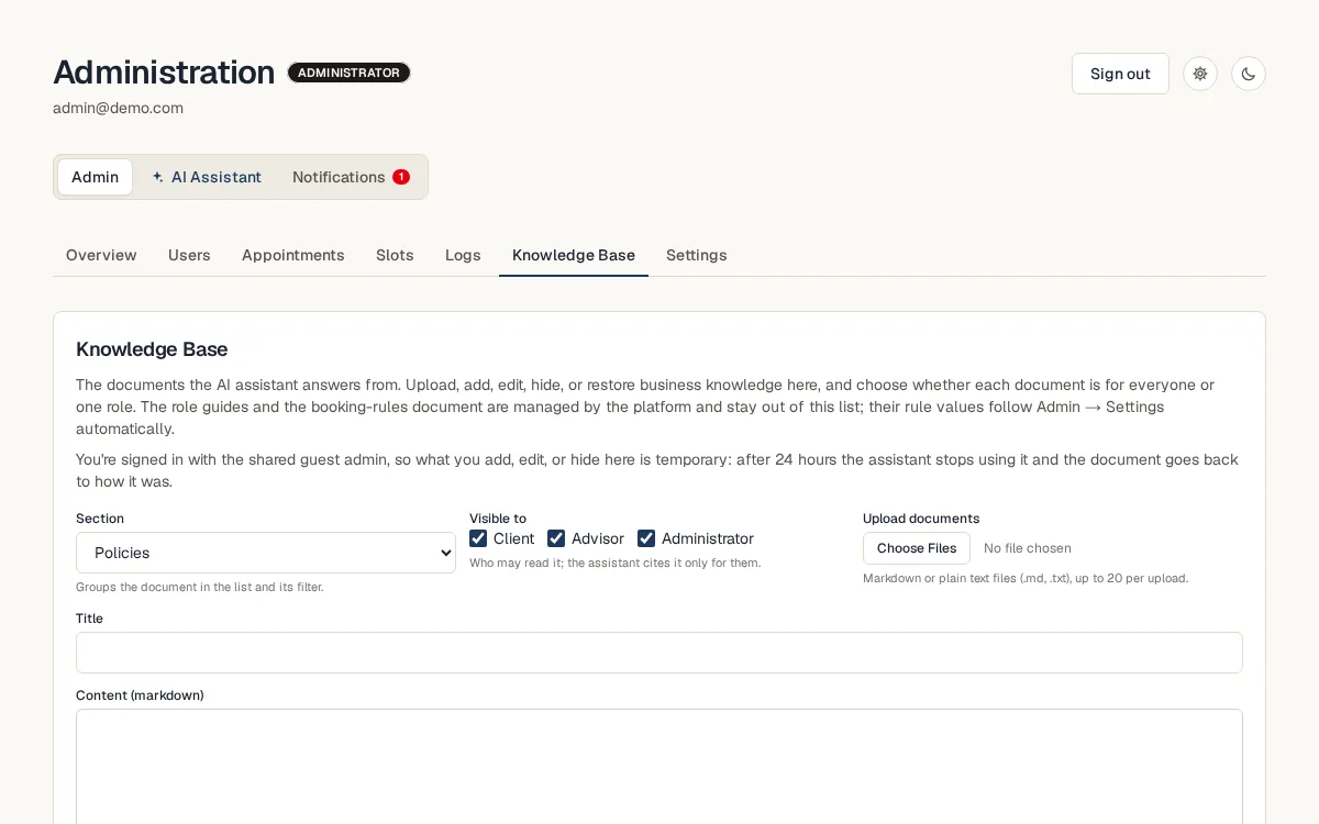 The admin Knowledge Base page: a form to add or upload documents for the assistant, with a section picker and Visible to checkboxes for client, advisor, and administrator