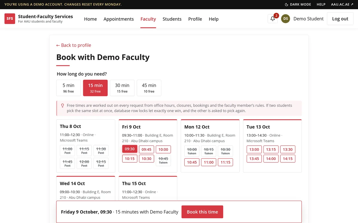 The booking page: session lengths with free-slot counts and a week of office-hour times to pick from