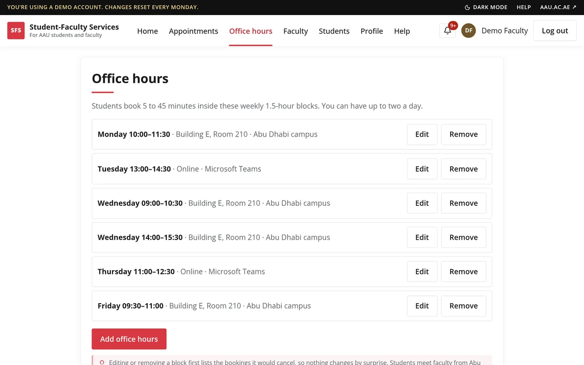 The faculty office-hours page, listing weekly blocks in a campus room or online with edit and remove buttons